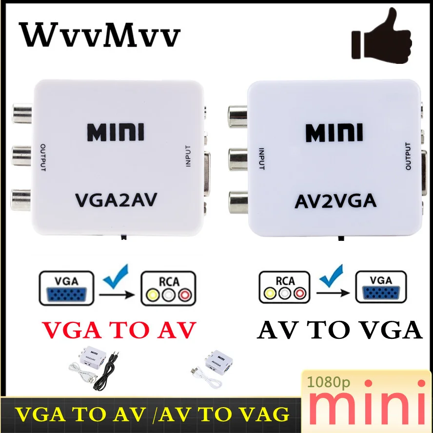 Преобразователь видео WVVMVV HD Mini RCA CVBS AV в VGA с 3 5 мм аудио адаптер AV2VGA для ПК на ТВ