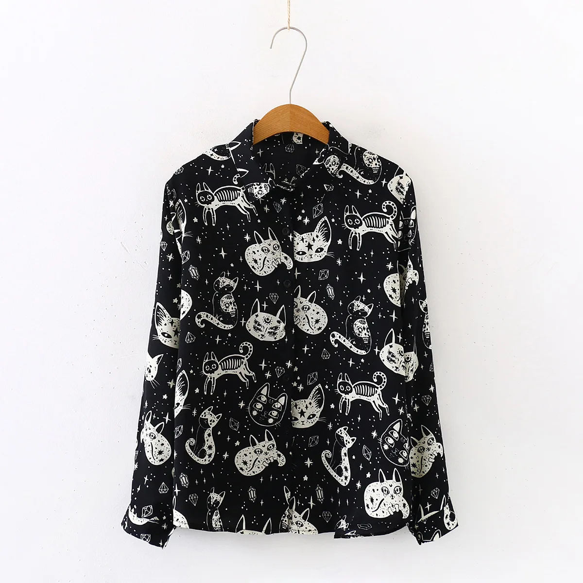 

Autumn Spring Women Shirts Black White Cartoon Cat Print Blouses Fashion Slim Long Sleeve Chiffon Shirt Female Tops Blusas Mujer