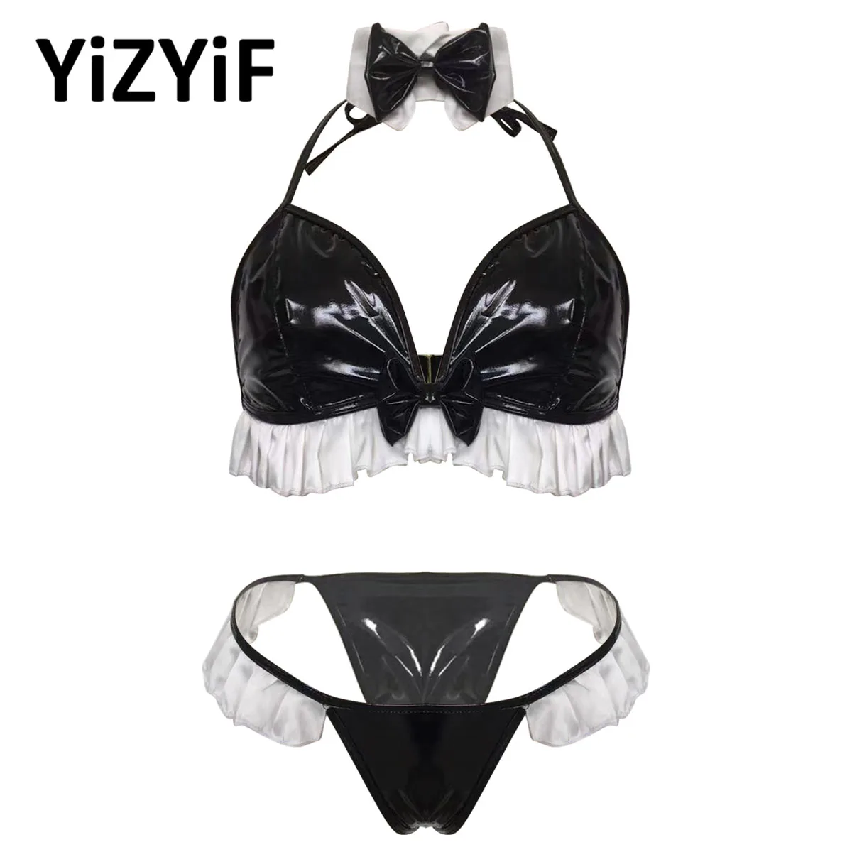 

French Maid Costume Womens Sexy PU Faux Leather Lingerie Set Lolita Frilly Halter Bras G-string Set Wetlook Cortex Underwear