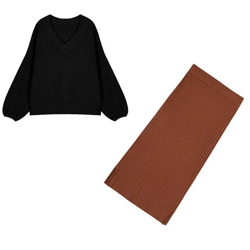 

Autumn Women Set Clothes Lantern Sleeve V-neck Loose Pullover Sweater and Pencil Skirt Two Piece Outfits Conjuntos De Mujer