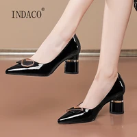 spring women shoes heels leather fashion pointed toe metal buckle decoration black grey party shoes 6 5cm