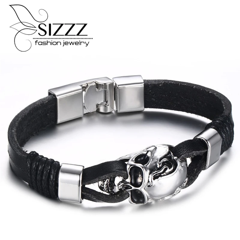 2016 модные мужские украшения амулетный браслет с черепом искусственная кожа