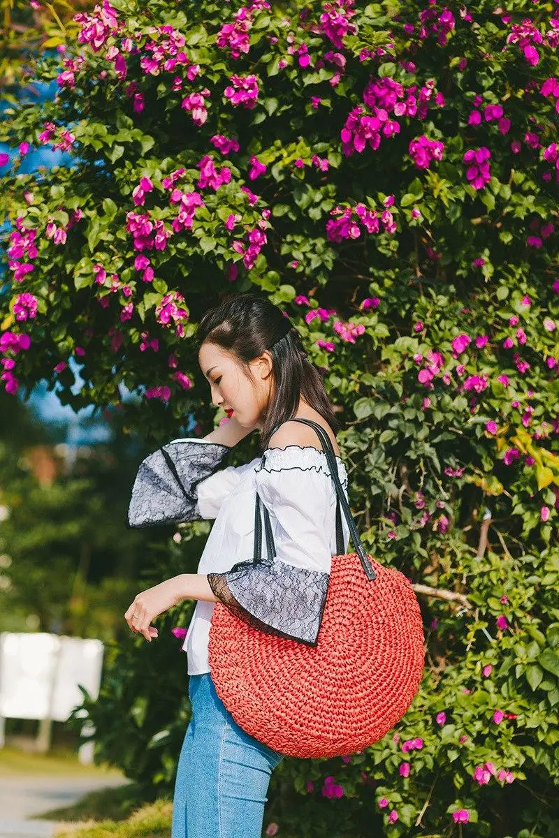 Летние соломенные пляжные сумки ручной работы круглые женские Наплечные из