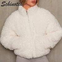 schinotch women sherpa jacket zip up stand collar short jacket autumn winter warm solid color coat ladys fashion clothes