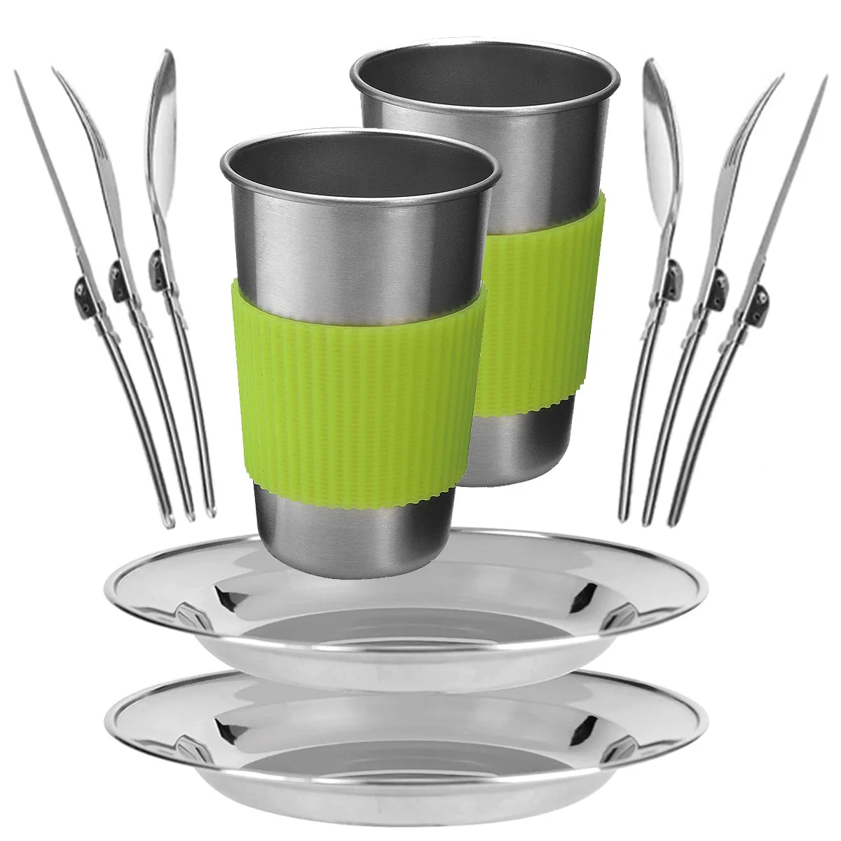 

12-Piece Outdoor Camping Tableware Portable Dinner Plate Cup Fork Spoon Knife Self-Driving Tour BBQ Set Stainless Steel Picnic P