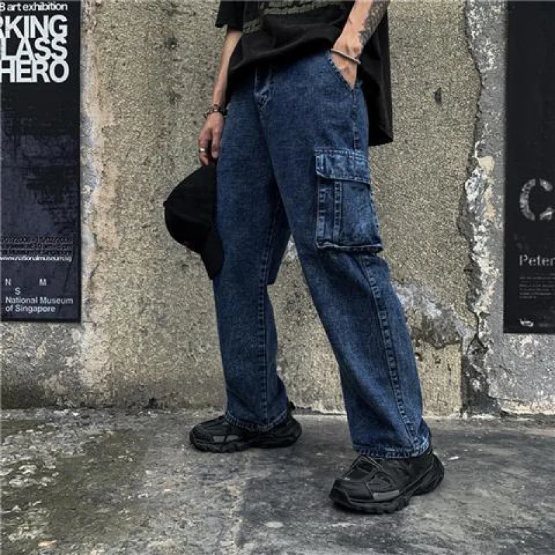 

2021 Retro Washed Multi-pocket Overalls Trousers Multi Pocket Cargo Jeans Men New Fashion Denim Pants M-5XL