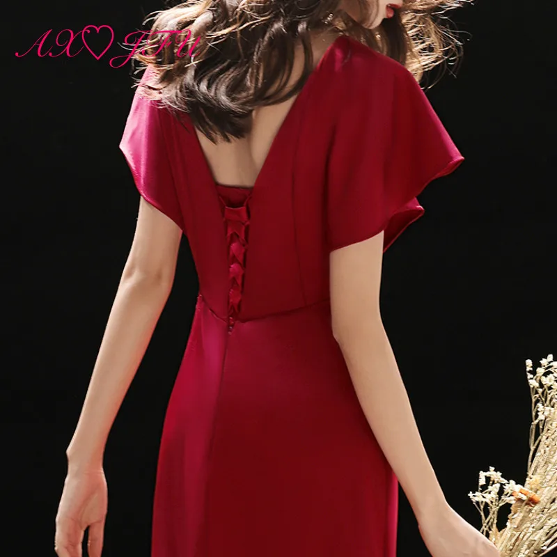 

AXJFU luxury princess wine red satin mermaid evening dress vintage o neck illusion ruffles beading crystal trumpet evening dress