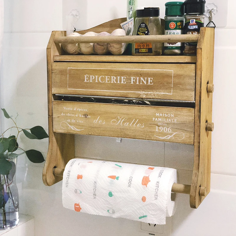 

Винтажный деревянный держатель для бумажных полотенец 4 в 1, Многофункциональный кухонный органайзер для соуса, бутылки, пластиковый нож дл...