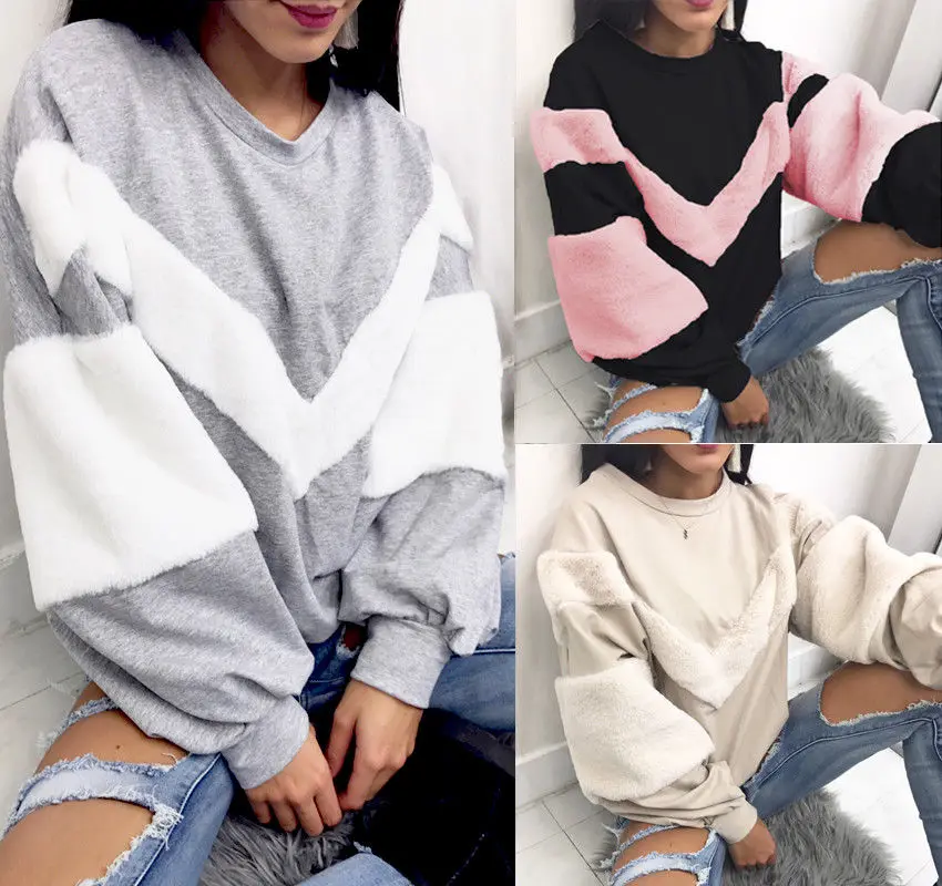 

Warm Women Plush Sweatshirt Stitching Long Sleeve Patchwork Pullover Tops Sweatshirt Jumper