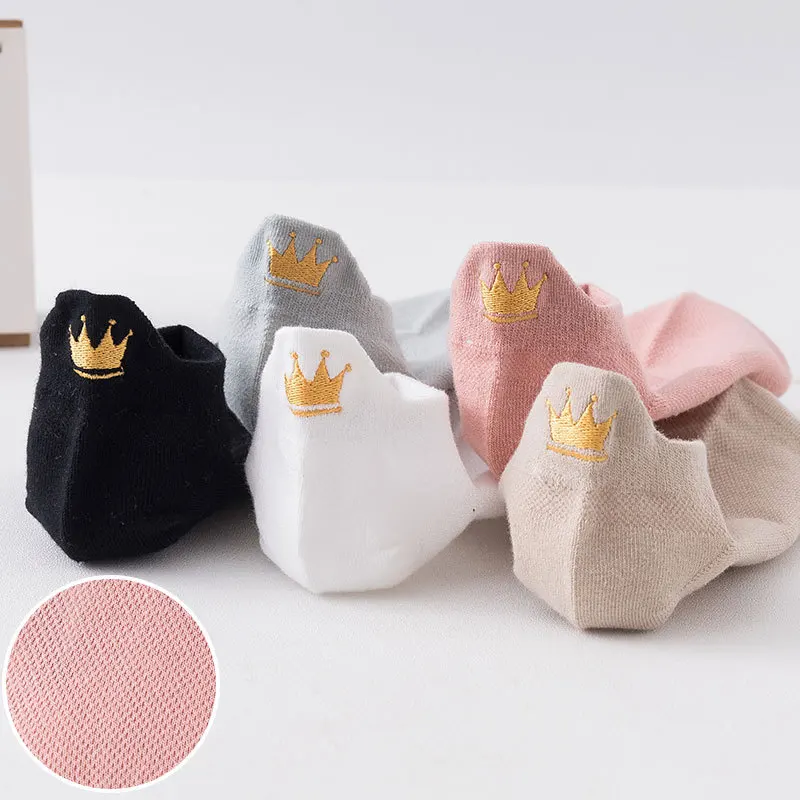 

5 Pairs/Lot Cute Socks Women Mesh Low Tube Crown Embroidery Kawaii Ankle Sokken Korean Style Cotton Summer Breathable Meias Set