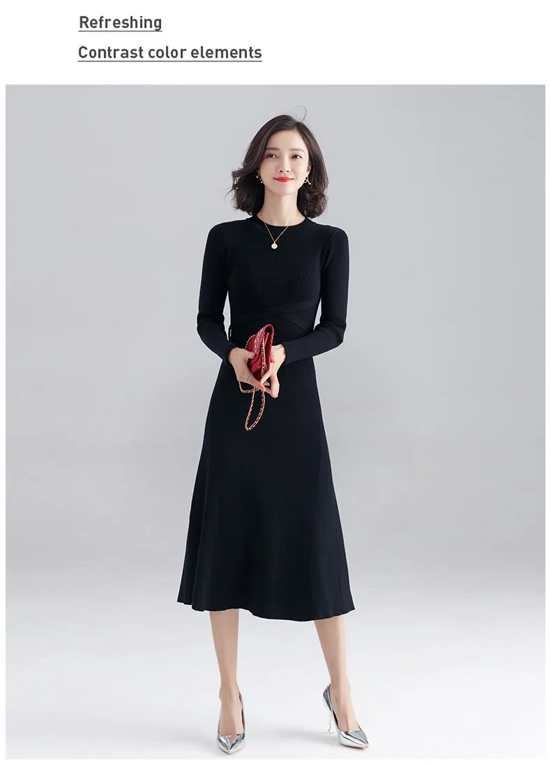 INNASOFAN knitted dress women Autumn Winter long-sleeved dress Euro-American fashion chic dress solid color