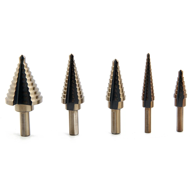 

5 Pcs Large Titanium HSS Step Cone Drill Hole Cutter Bit Set Tool + Case