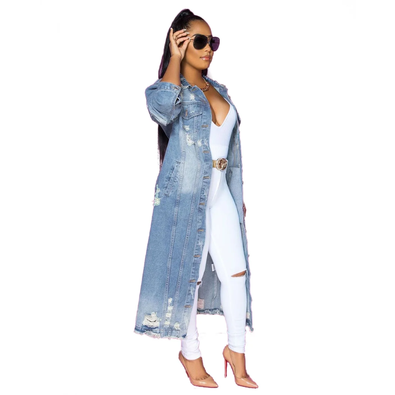 

Autumn Fashion Women's Denim Cloak Long Single-Breasted Hole Long-Sleeved Denim Windbreaker Jacket Ladies Cardigan Denim Cloak