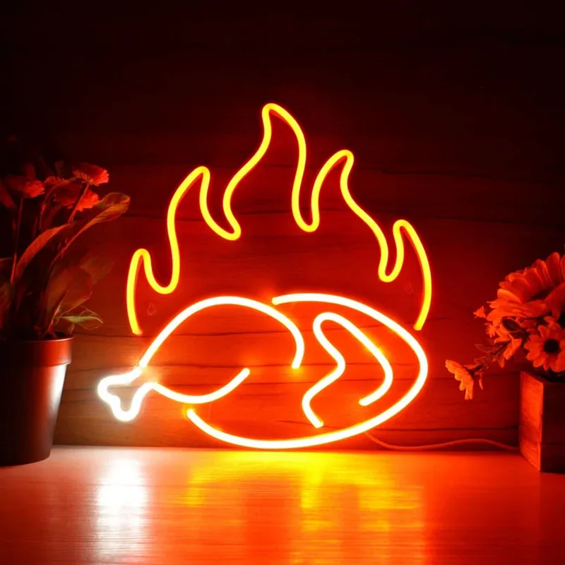 

Custom Chicken Led Neon Light Sign Shop Restaurant with Flame Decoration Flex Silicone LED Neon Sign Business Neon Signs