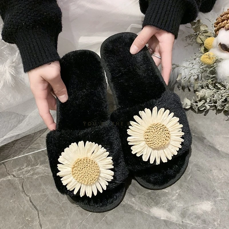 

Solid Color Faux Fur Slides Summer Home Furry Flat Sandals Indoor Faux Fur Slippers Casual Luxury Fluffy Flip Flops