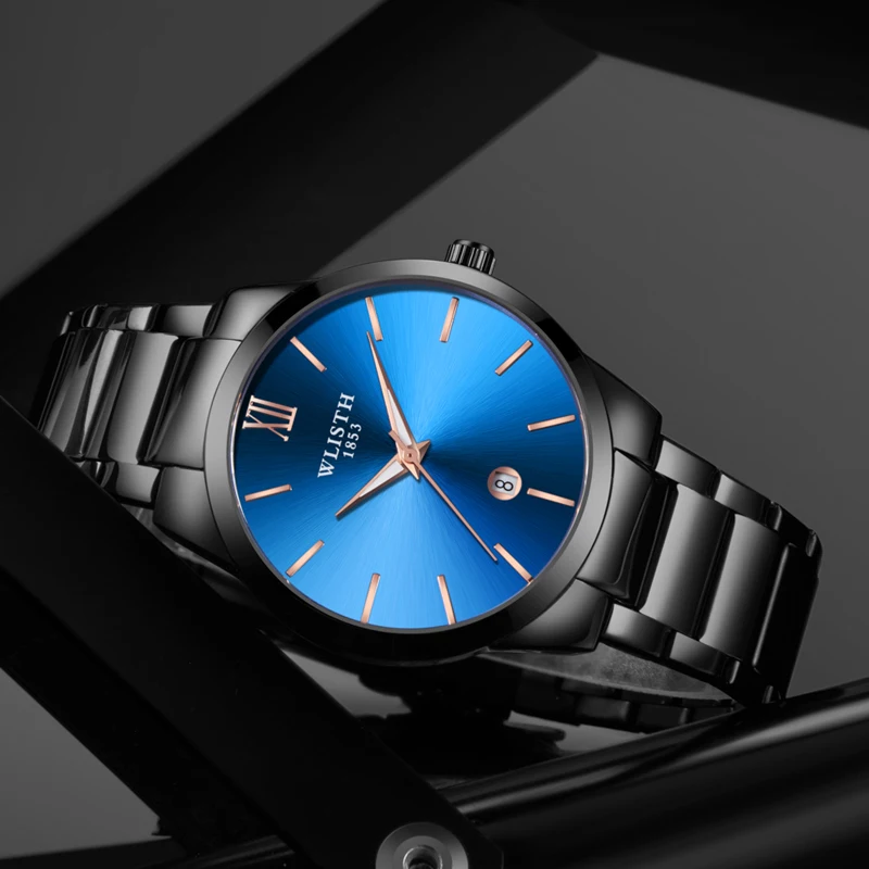 Новые модные мужские часы синие стальной ремешок Календарь Мужские светящиеся