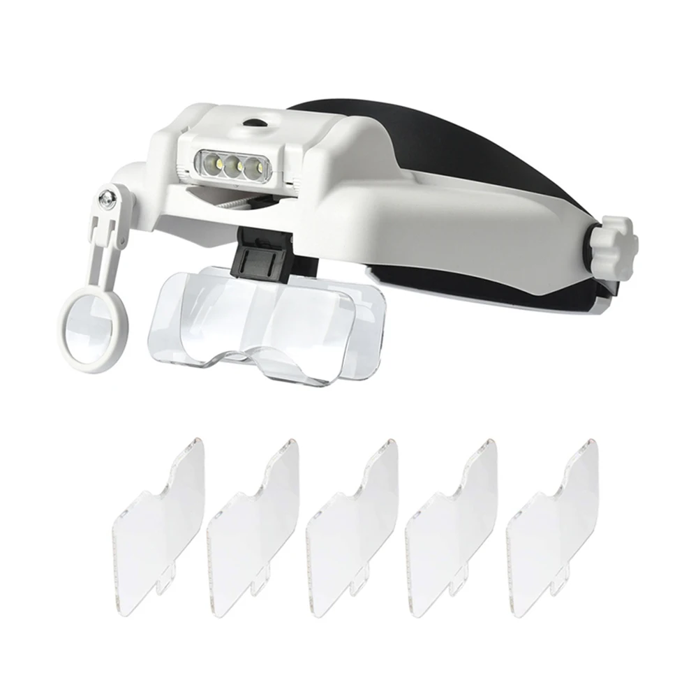 

Headband Magnifier Illuminating Microscope Led Head Mounted Magnifying Glass With 5 Replaceable Lenses Watchmaker Repair Tool