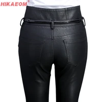 high waist skinny leather pants women black autumn casual trousers fashion pu leather button sashes pockets biker pencil pants