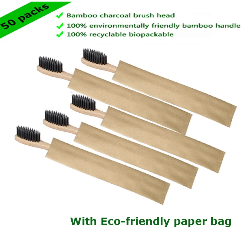 Оптовая продажа 50 шт. зубная щетка из натурального бамбука древесины по