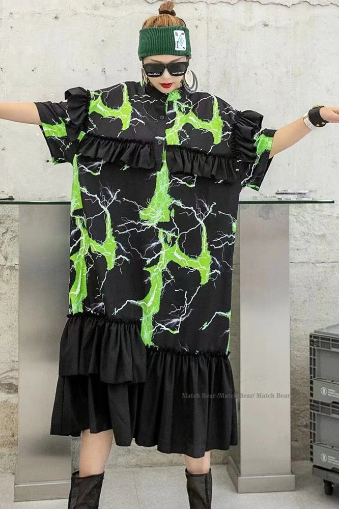 

QING MO Large Size Women Abstract Printing Dress 2021 Summer Newest Women Patchwork Dress High Quality ZQY6981