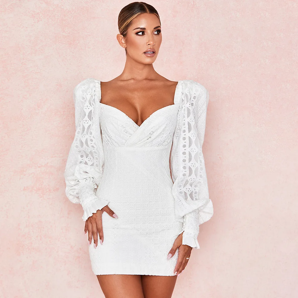Сексуальное открытое белое осеннее платье для женщин с v образным вырезом
