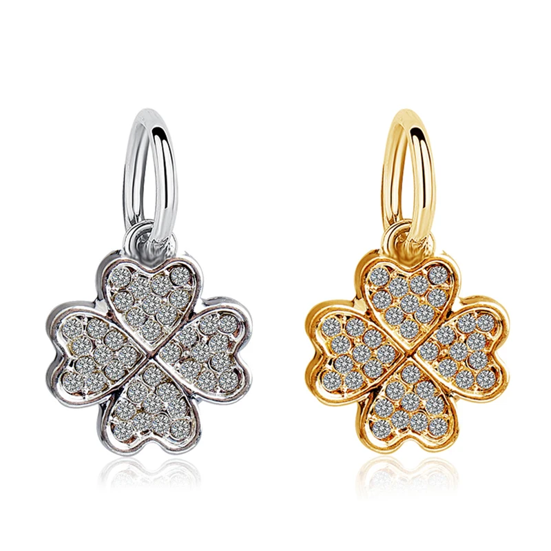 

Fit Original Pan Charms Bracelet Men Pave Clear Crystal CZ Gold Silver Color Clover Pendant DIY Jewelry for Women Good Luck Bead