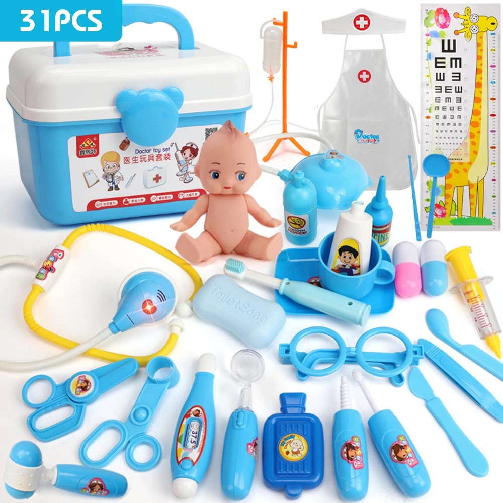 31PCS Blue 21-39 шт., детские игрушки для ролевых игр, набор для доктора, медицинский набор для моделирования с портативным чемоданом, игрушки для ролевых игр для девочек, инструмент для зубного врача - Цвет: 31PCS Blue