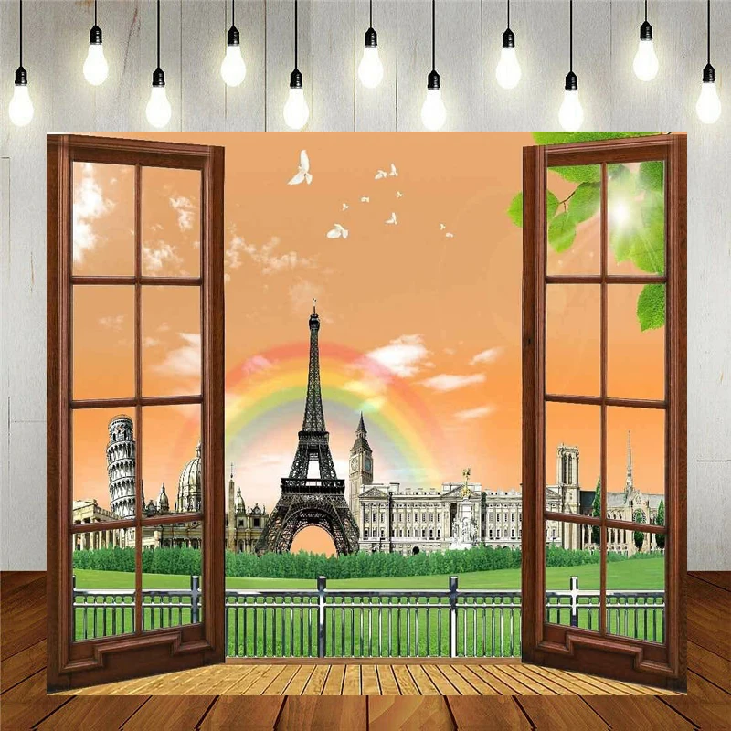 

Eiffel Tower And Rainbow Digital Printed Photography Backdrop Outdoor Architectural Theme Background