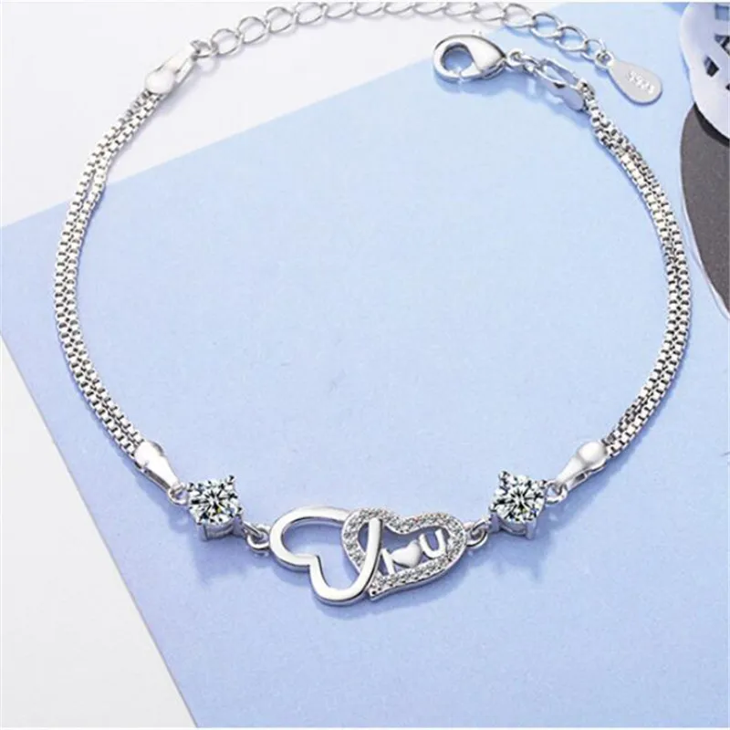 Женский браслет из серебра 925 пробы двухслойный с цепочкой и подвеской в форме