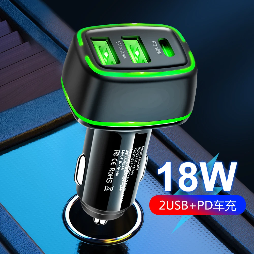 

18w Dual USB Car Charger Quick Charge 3A TypeC Fast Charger for iPhone12 Xiaomi Huawei Samsung Moible Phone Universal PD Charger