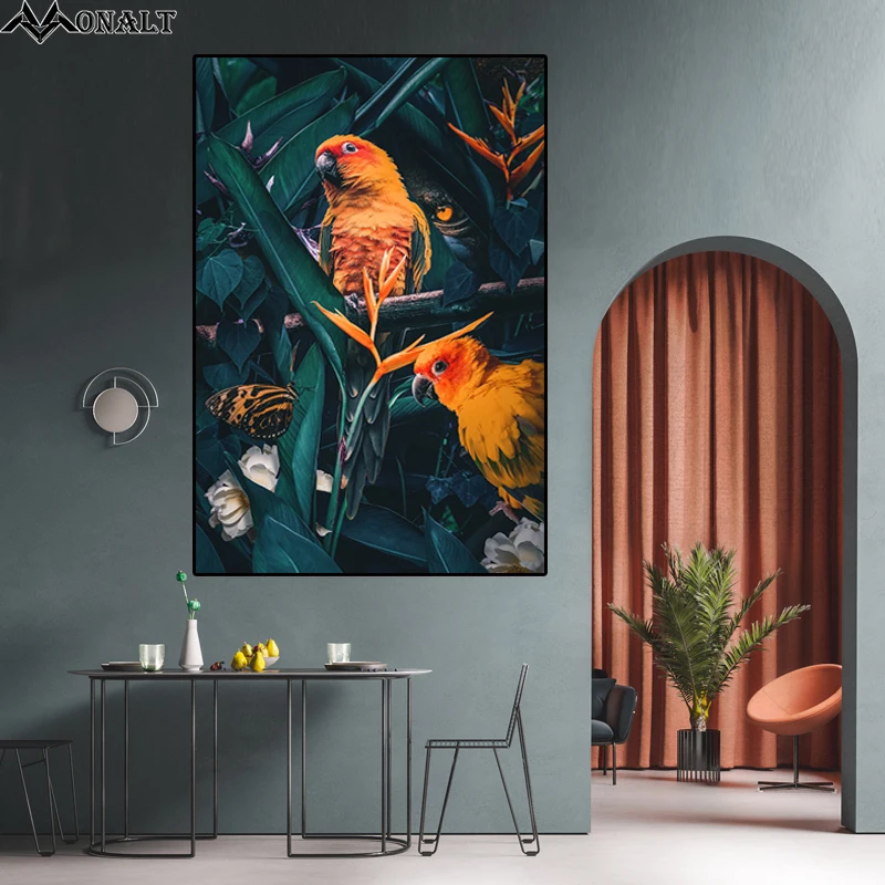 Светильник лые Роскошные постеры с изображением цветов и попугая на холсте HD
