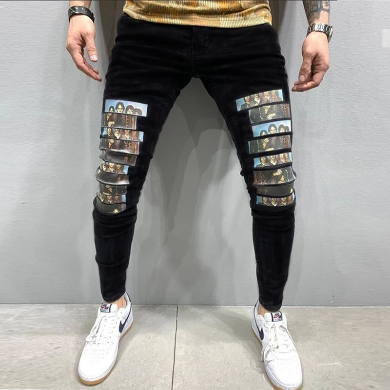Men Black Washed Jeans 2021 New Fashion Personality Biker Slim Denim Pants Retro Trousers Skull Printed Design Street Jeans