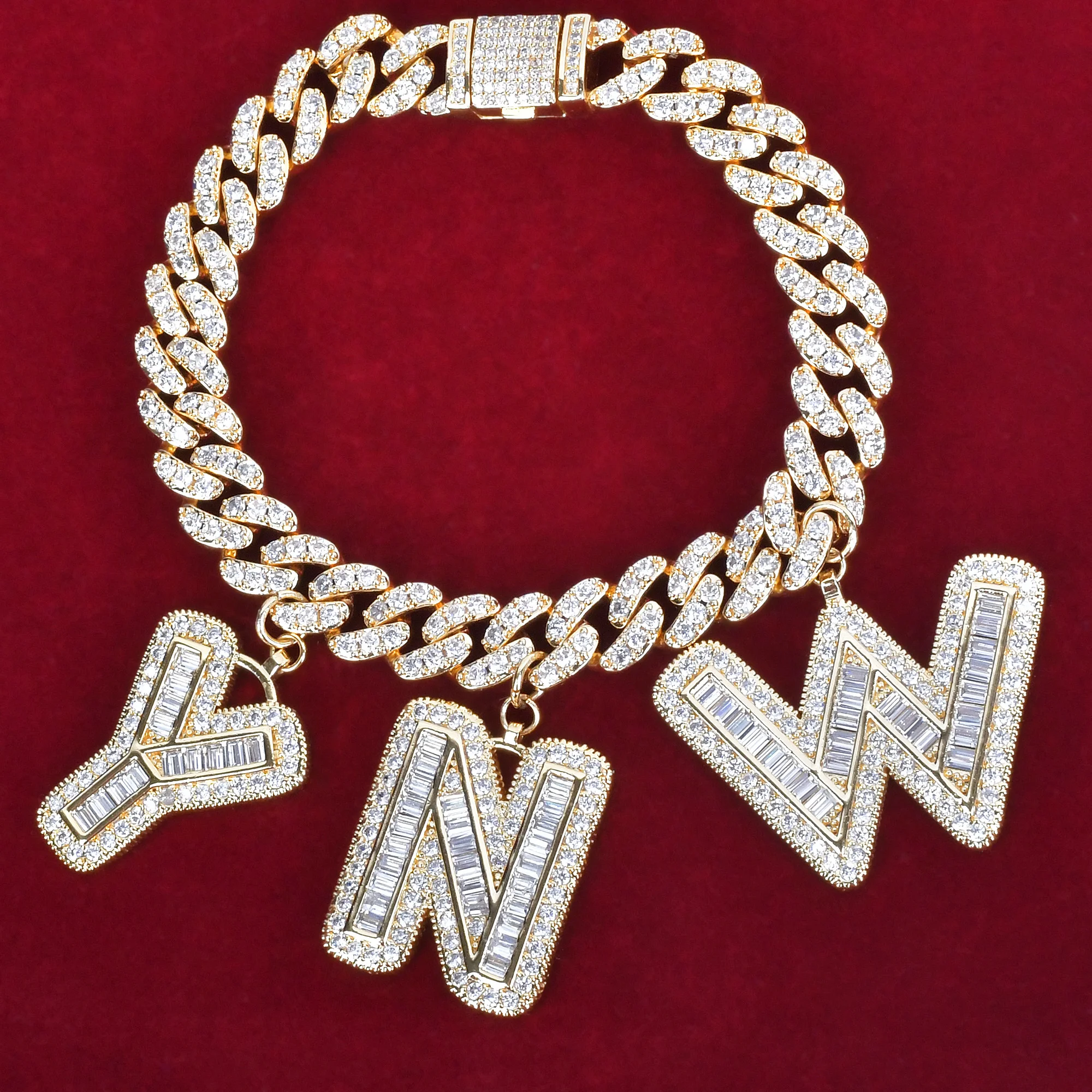 

Custom Name Baguette Letters Gold Color With 10MM Cuban Chain Anklet Women's Zircon Hip Hop Rock Jewelry Letter Replaceable