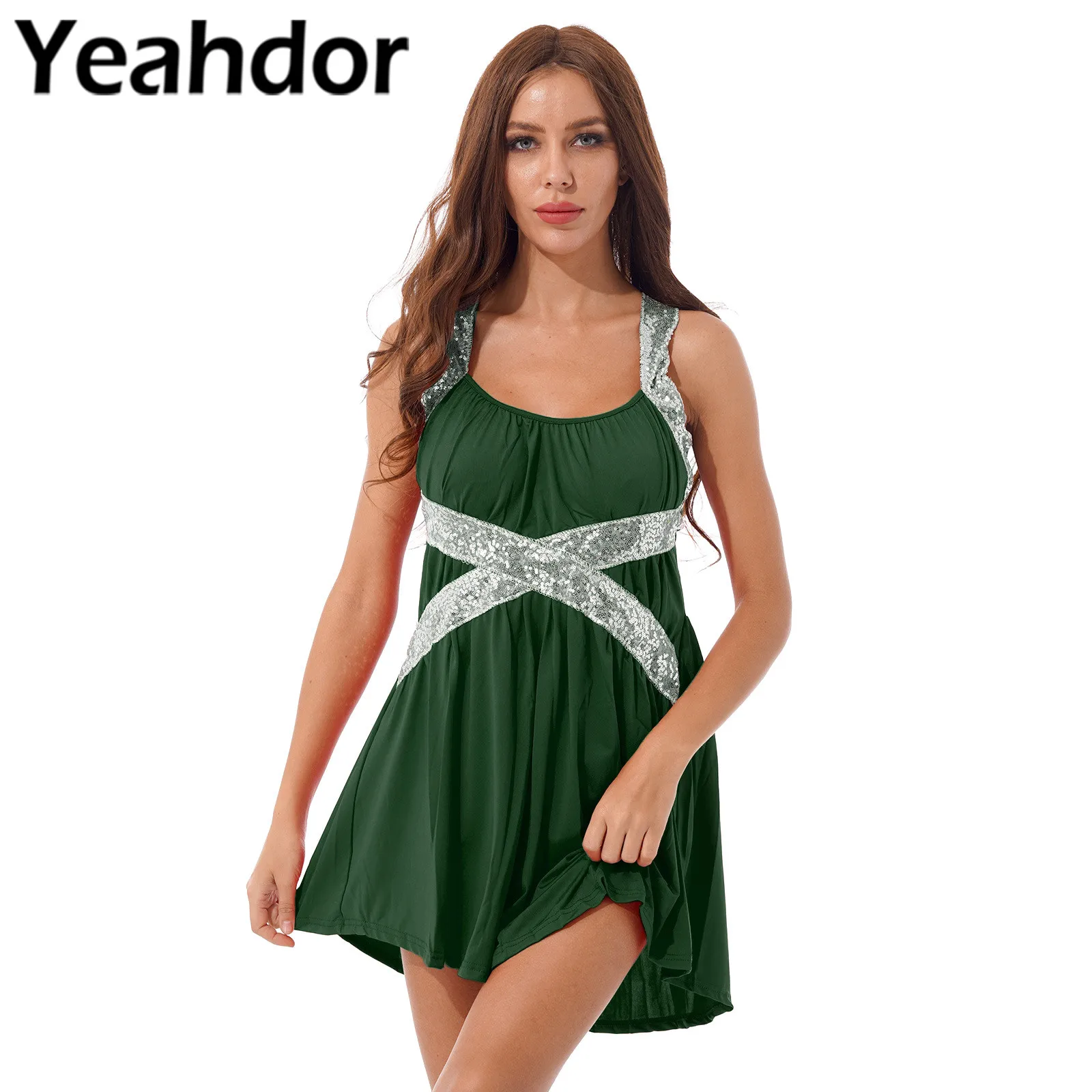 

Женское блестящее платье-трапеция без рукавов с блестками