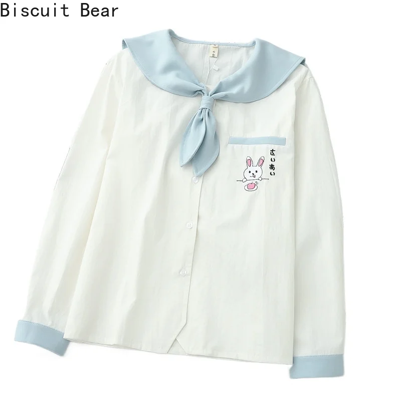 

Рубашка женская Винтажная с вышивкой, Повседневная Блузка в Корейском стиле, модная блузка с мультяшным Кроликом, белого и синего цвета, лет...