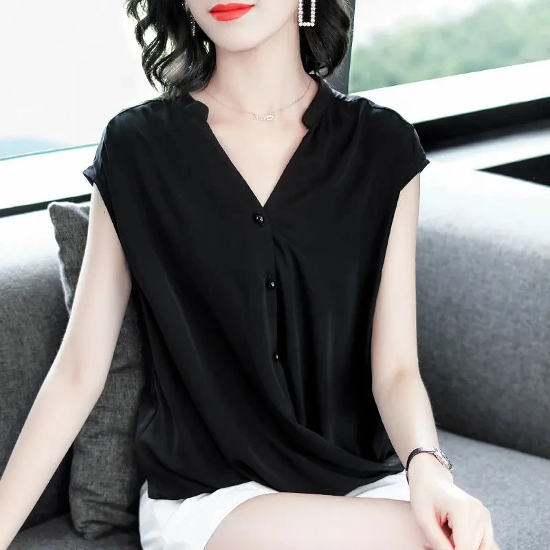 

Chic solid Dovetail V-neck buttons full sleeve Chiffon shirt Women Fashion Korean Loose tee Ladies 2021 spring shopping tops