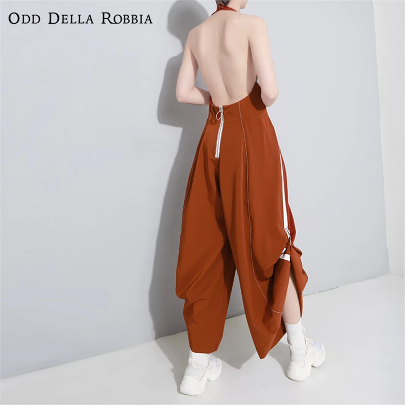 

OddDellaRobbia Women Harajuku Style Embroidery Moon Metal Ring White Border Plaid Wide Leg Pants Sexy Open Back Jumpsuit475