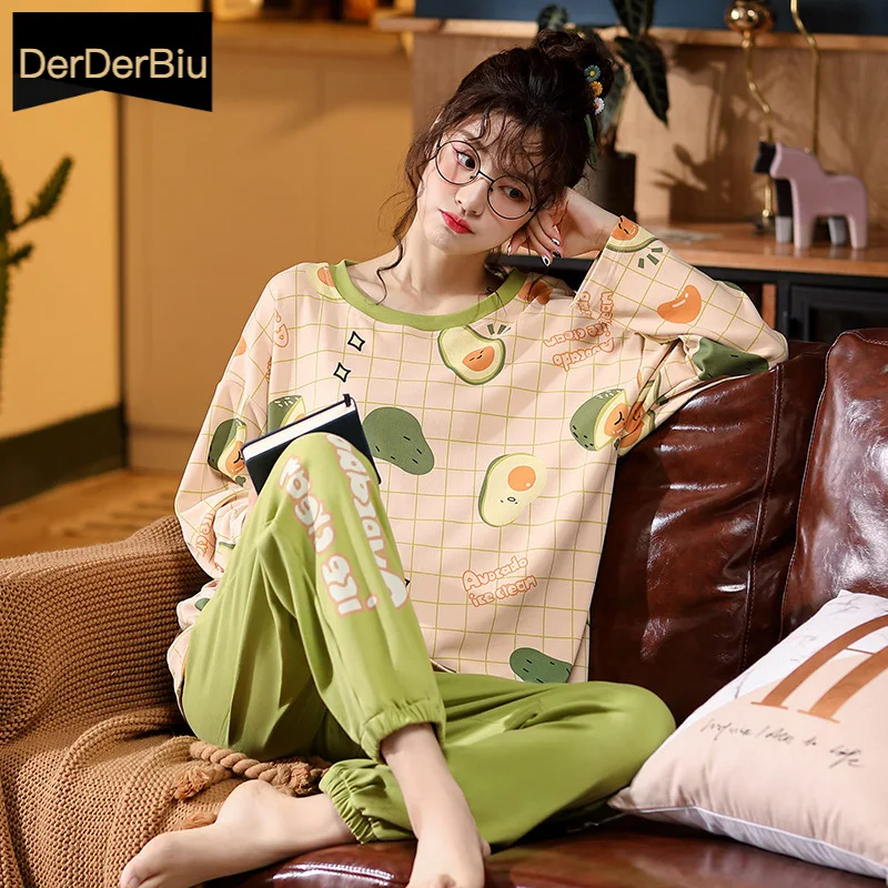 

Pajamas for women Set O-neck Long Sleeve 100%Cotton Pyjamas Set Night Suit Female Cartoon Sleepwear Girls pijamas mujer Homewear