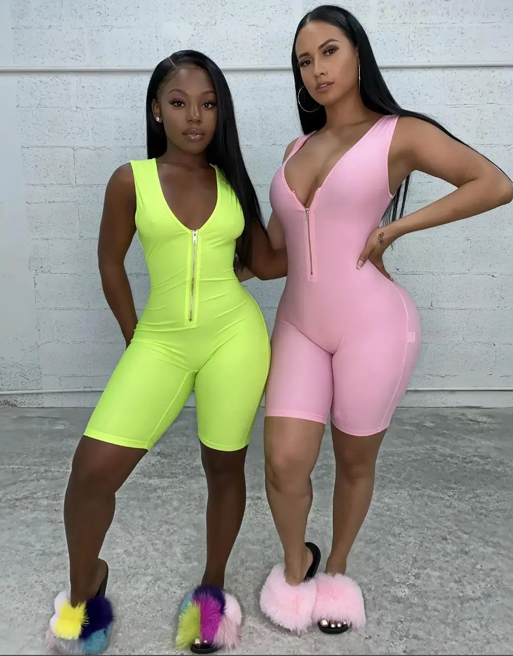 women playsuit solid Fluorescence skinny bodysuit 2020 spring summer sleeveless sexy v-neck zipper fly short outfit romper |