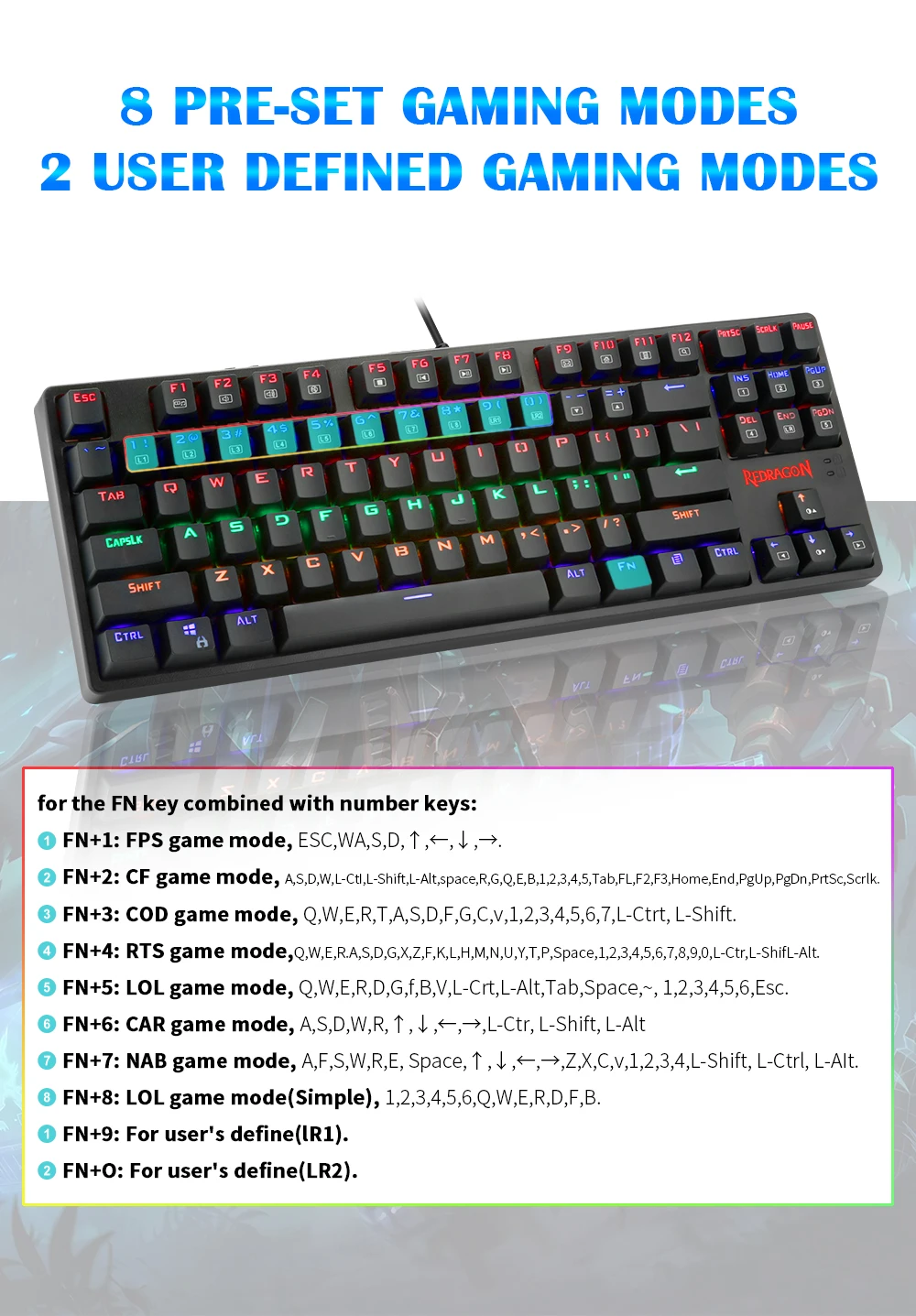 Redragon DAKSA K576 Радужная USB Механическая игровая клавиатура синий переключатель светодиодный с подсветкой 87 клавиш Проводная компьютерная геймерская клавиатура