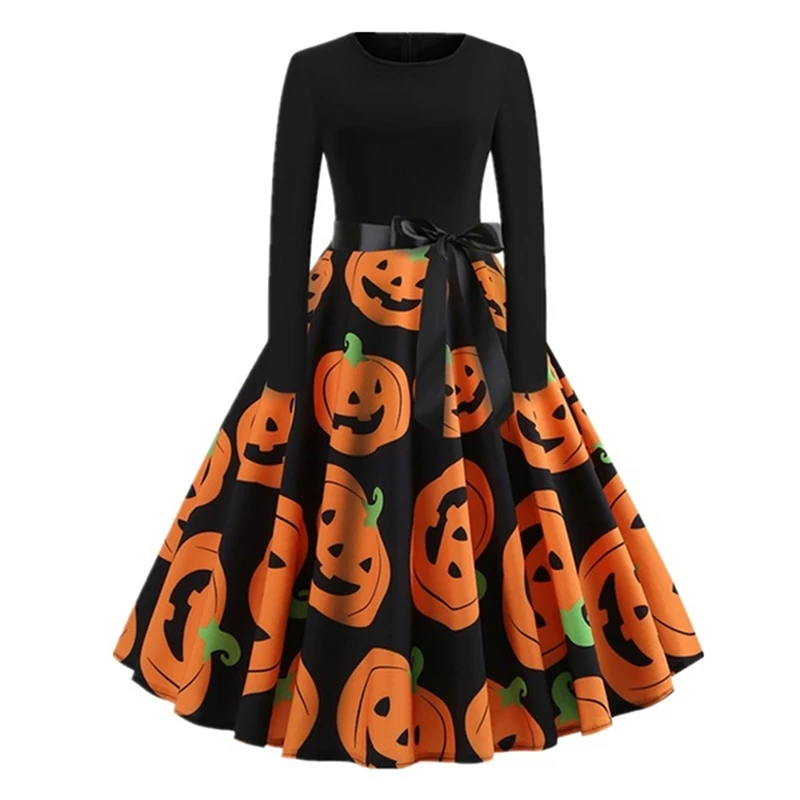 

Autumn Ladies Halloween Dress Pumpkin Printed O Neck Sashes Long Sleeves Vintage A Line Dress Female Robe