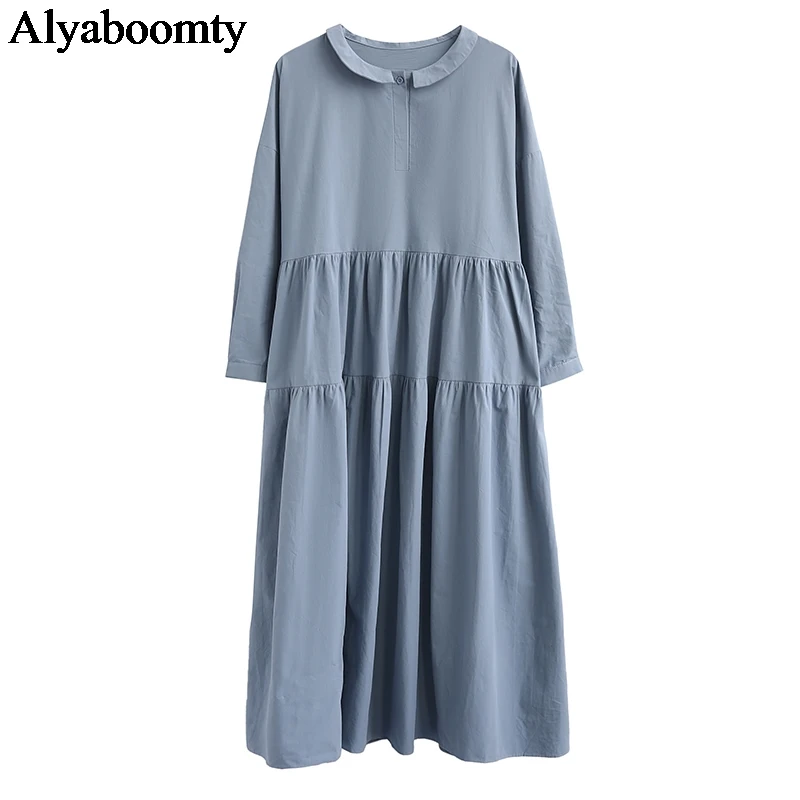 

Plus Size Autumn Women Long Solid Dress Peter Pan Collar Black Blue Oversized Loose Dress Full Sleeve Ruffles Sweet Korean Dress
