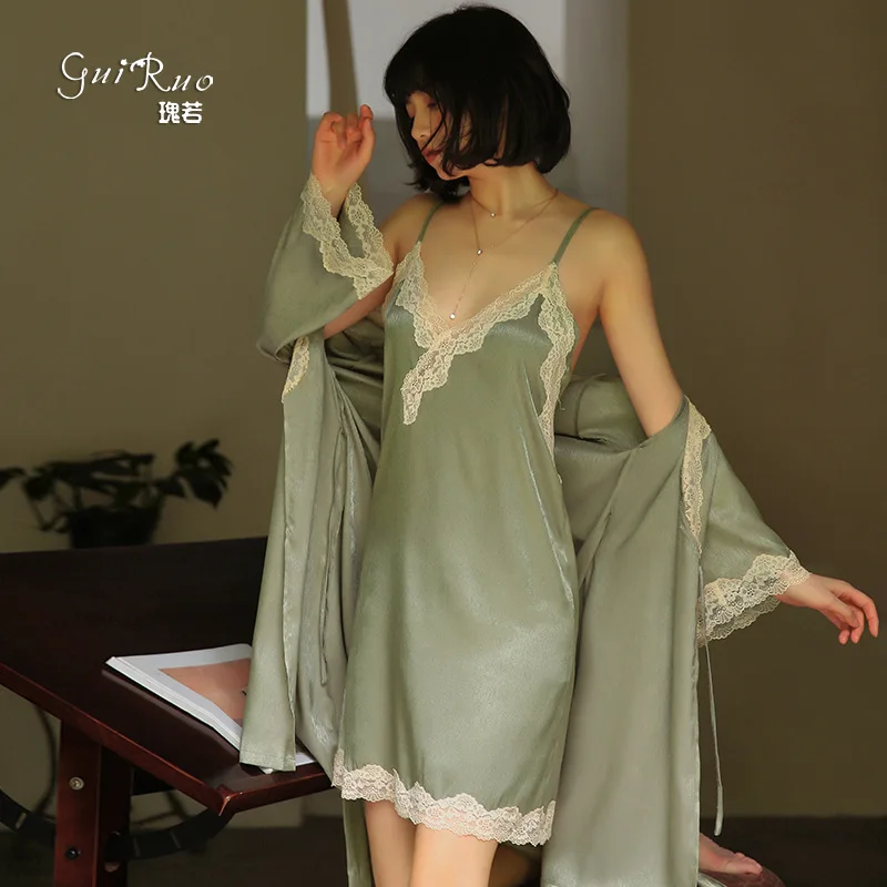 Spring Autumn New Style Women's Sexy Open Front Imitation Silk Lace French Bathrobe Nightgown Home Clothes Lace Sexy Nightdress