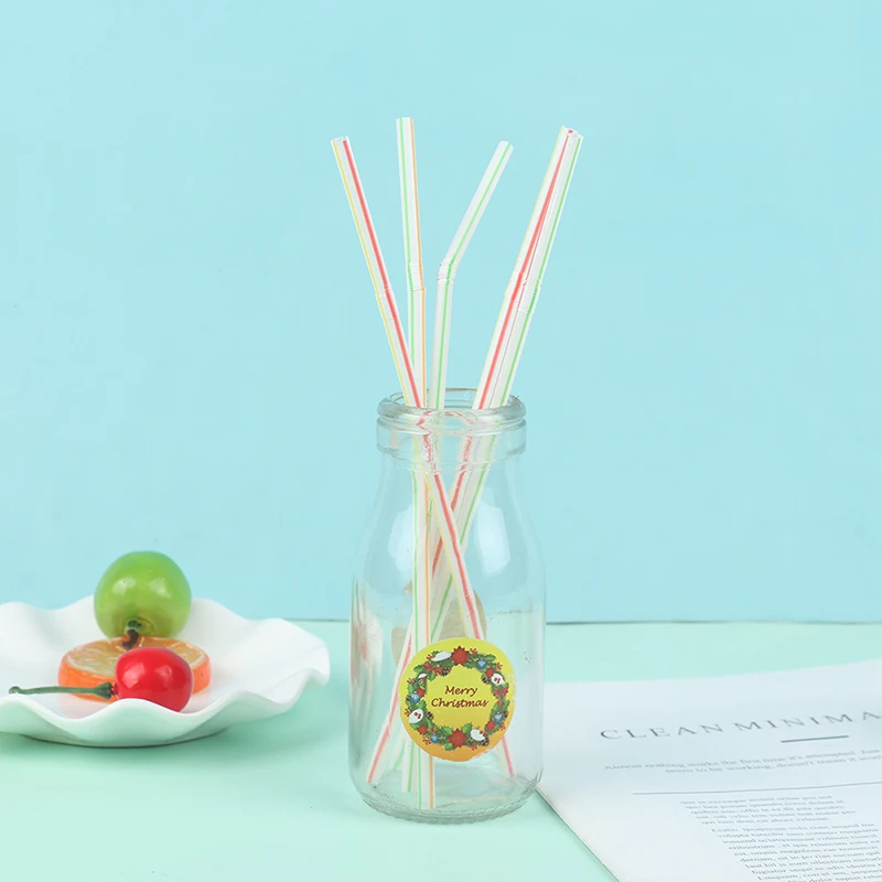 

100Pcs Disposable Plastic Drinking Straws Multi-colored Striped Bendable Straw