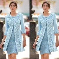 new classic baby blue lace mother of the bride dresses with jacket wedding party dresses with 34 sleeves mother dresses short