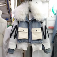 2021 winter new contrast color knit stitched denim jacket women pocket zipper wool collar thickened cotton woman parkas