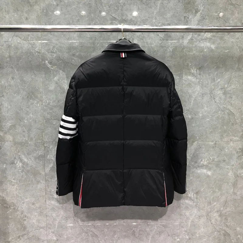 TB THOM Men's Winter Jacket Down Jacket Fashion Brand Black Suit Down-Filled Matte Nylon 4-bar Stripe Notched Wholesale TB Coat