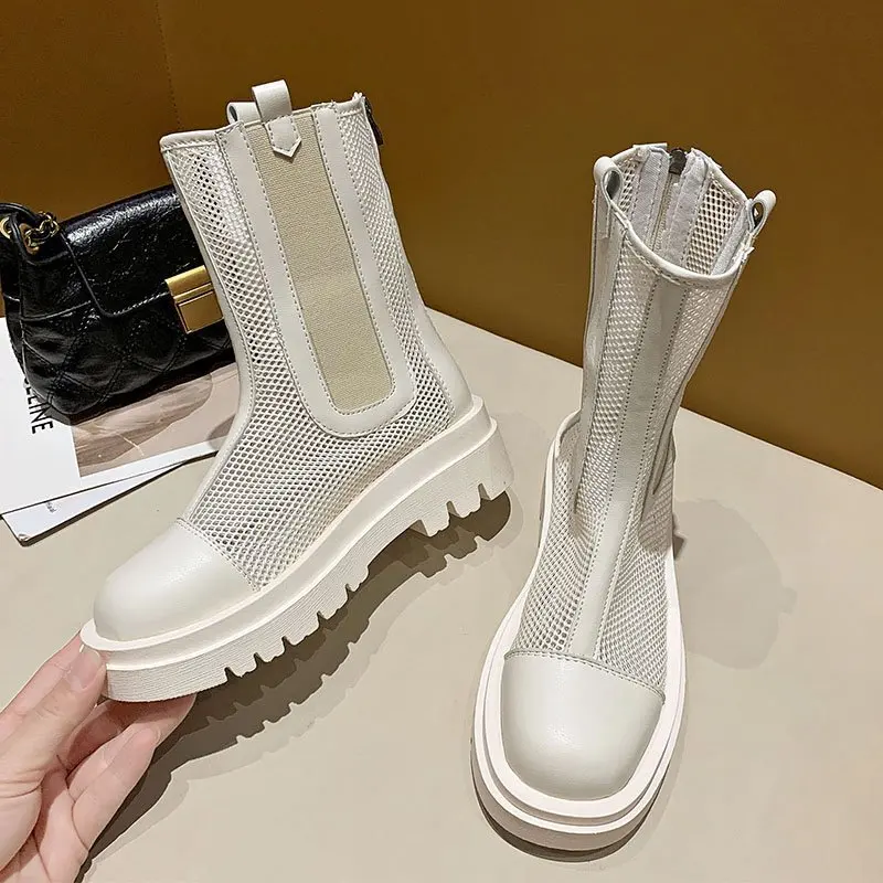 Chelsea Boots Female Mesh Platform Boots for Women Fashion Summer Women's Shoes 2021 Designer Shoes Woman Wedges Heels Rubber 35