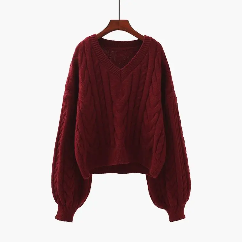 

Loose Twisted Knitted Women Sweater Pullovers Winter Vintage 2021 V-Neck Short Lantern Sleeved Thicken Warm Female Pulls Outwear