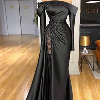 black elegant luxury evening dresses off the shoulder long sleeve beading split women prom pageant gowns plus size custom made